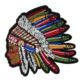 Native American Headdress Embroidered Iron-On Patch – Large Tribal Warrior Profile Design in Multicolour Feather Detail – DIY Jacket & Bag Appliqué – 11 x 12 cm