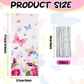 100 Pcs Butterfly Gift Bags - 10.8 x 5 Inch Butterfly Goodie Bags Cellophane Spring Flower Treat Candy Bag Party Favor Bag with 150 Twist Ties for Girls Butterflies Baby Shower Birthday Party Supplies