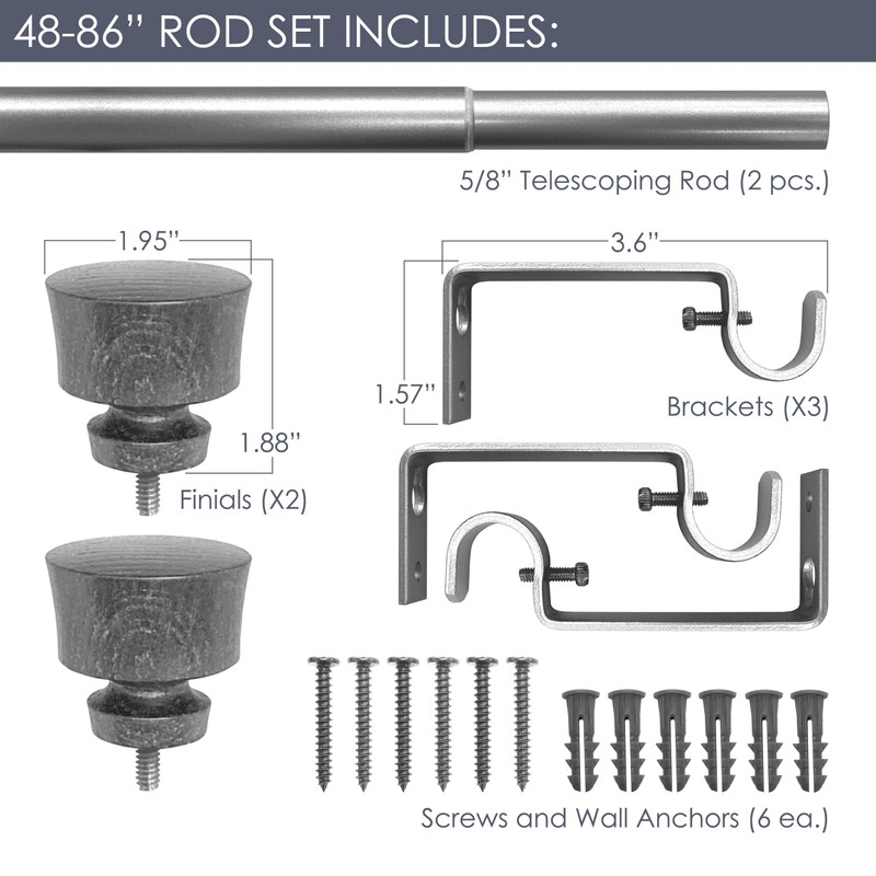 Stockton 48-86 Inch Adjustable Curtain Rod Set, 5/8 Inch Diameter