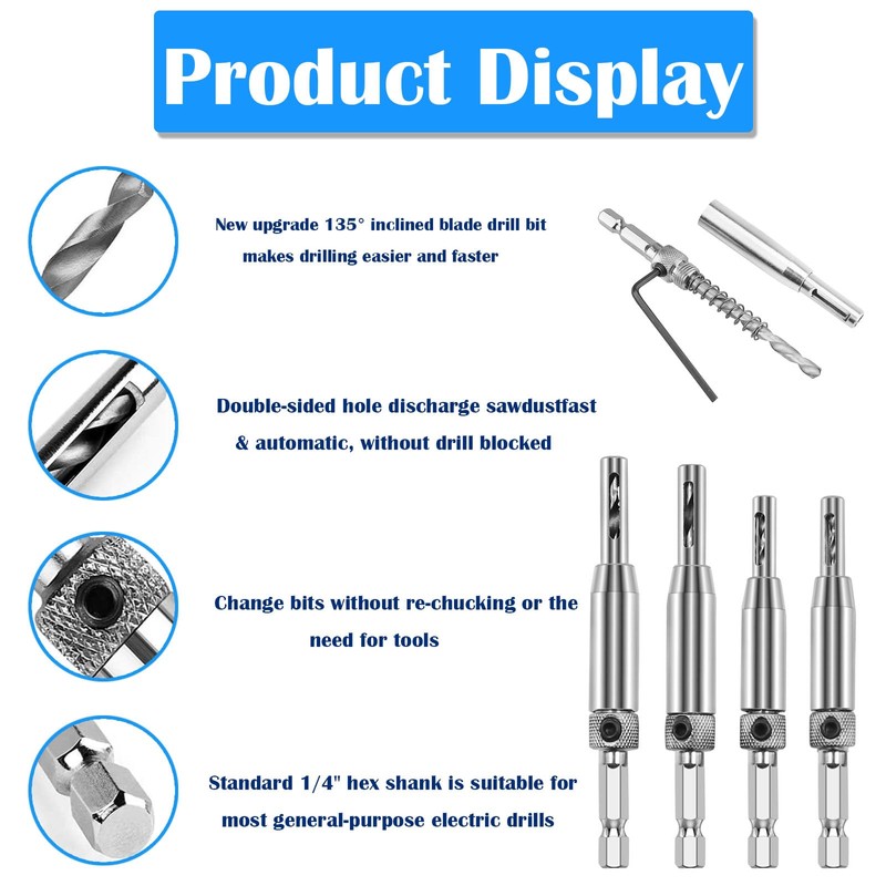 4PCS Self Centering Drill Bit, Hinge Drill Bit Self Centring,
