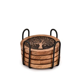 Kaizen Coasters Set of 4 Acacia Wood Round Wooden Tree of Life Coasters forwith Iron Holder Stand for Drinks, Tabletop Protection for Any Table Type for Bar Kitchen (4" X 4" X 0.5)