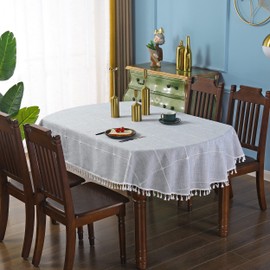 Grey Embroidery Lattice Oval Tablecloth with Tassels Heavy Duty Rustic Fabric Table Cover Wrinkle Resistant Washable Kitchen Dining Party Wedding Decoration 52 x 70 Inches