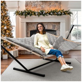 ANOW Double Rope Hammock with Stand 12FT, Heavy Duty Hammock with Polyester Pillow and Pad, 450 LBS Weight Capacity, Light Grey