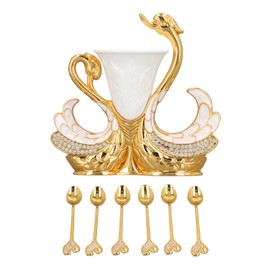 Swan Shape Dinnerware Set Light Luxury Exquisite Elegant Swan Shape Spoon Holder with 6 Spoons for Coffee Fruits Desserts Golden