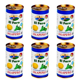 El Faro 6 x350g tins (6 x 150 grams drained) Spanish Green Manzanilla Olives Picante Filled with hot Jalapeño Pepper Snack