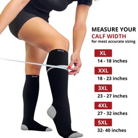 BAMS Plus Size Compression Socks Wide Calf XL XXL XXXL – Graduated Knee-High Support, Viscose from Bamboo Easy-On/Easy-Off (Black with Gray, XXL)