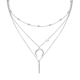 HOOHWE Layered Necklaces for Women 925 Sterling Silver Multilayer Necklace Star Crescent Bar Pendant Necklace for Women Long Chain Jewelry for Women