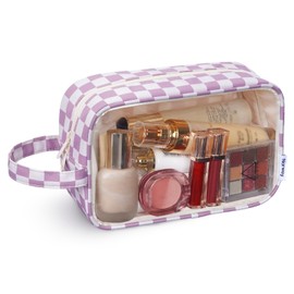 Narwey Checkered Clear Makeup Bag Cosmetic Bag with Zipper for Travel, Clear Toiletry Bags for Traveling Toiletries Women Men, Make Up Pouch with Handle, Skincare Bag (Purple Checkerboard)