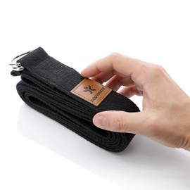 BODYMATE Yoga Strap with Metal Clasp, Yoga Band for Beginners and Advanced, Yoga Loop Made of 100% Cotton, Yoga Strap 250 cm Long and 3.8 cm Wide, Black