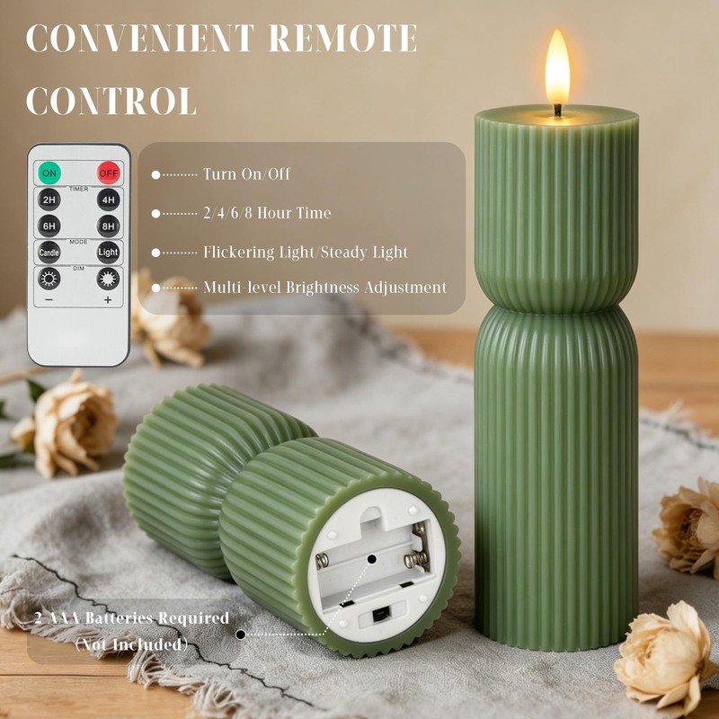 JOIONE Ribbed Green LED Flameless Candles 2 Pack with Remote