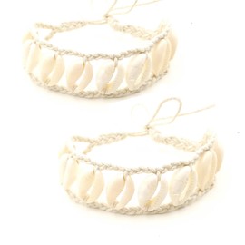 Bracelet Cowrie Puka Shell Adjustable Cotton Thread Beach Boho Chic Style for Men and Women 2Psc (White)