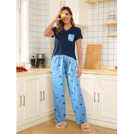 Famulily Women's Comfy Short Sleeve Pajamas Set V Neck Sleepwear Top with Pockets and Casual Pants Pjs Printed Lounge Sets Navy XXL