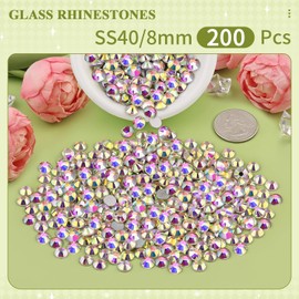 200PCS SS40/8mm Crystal Rhinestones (Crystal AB), Bedazzling Flatback Glass Rhinestones for Crafting DIY Nail Art Makeup Decoration, Gems Diomand Charms for Tumbler Shoes Clothing Mug
