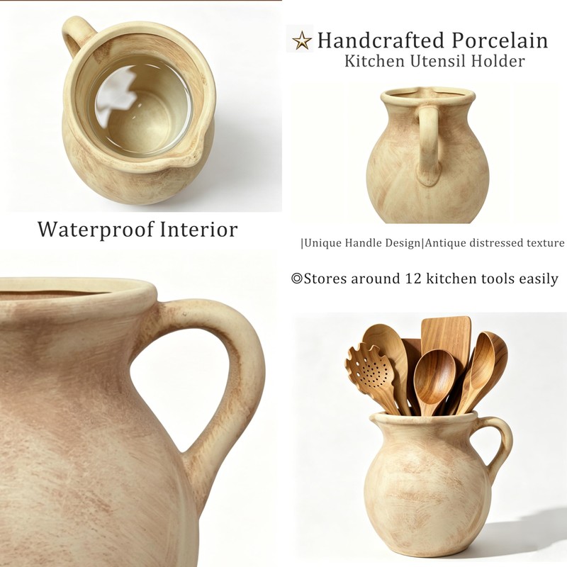 Ceramic Utensil Holder & Crock Farmhouse Rustic Light Clay with