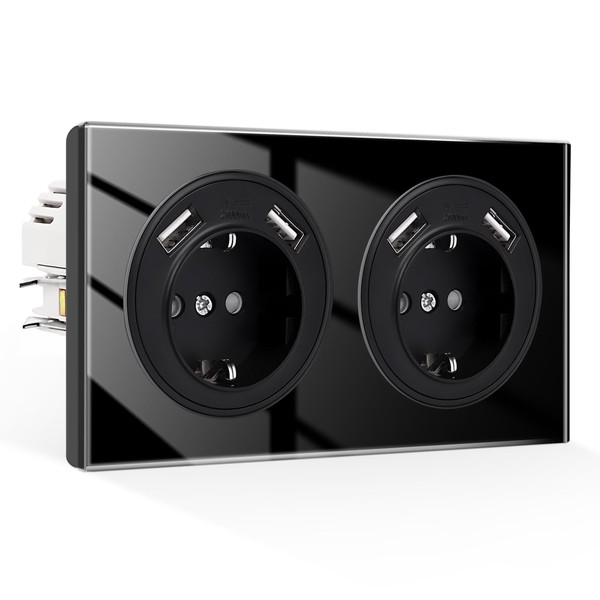 CNBINGO Double Socket Flush-Mounted with Claws - Glass Schuko Socket