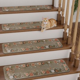 OJIA Floral Stair Treads Non-Slip Stair Runners for Wooden Steps Indoor 4PCS 30"x8" Carpet Stair Treads Mats Staircase Step Treads for Kids, Elders and Dogs, Stair Covers, Brown