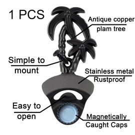 Jumiok Plam Tree Magnetic Wall Mounted Bottle Opener, Black Stainless Post Mount Beer Opener for Beach Bar