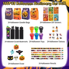 Hbjnnug - Juego de 168 piezas de regalo de papelería de Halloween, bolsas de regalo de Halloween para niños, rellenos de bolsas de regalos, bolsas de regalo, truco o golosina, premios de aula
