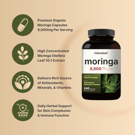 NatureBell Pure Moringa Capsules 8000mg Per Serving - Made with Moringa Powder Organic, 240 Capsules | Green Superfood, Skin Health & Immune Support | Non-GMO, Gluten Free, 4 Month Supply