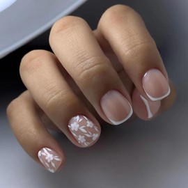 French Tip Press on Nails Short Square Fake Nails with White Flower Designs Spring Summer False Nails Press ons Reusable Acrylic Nails Glossy Full Cover Stick on Nails for Women Manicure 24 Pcs