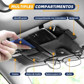 Organizador de Visera para Coche con bolsillo con cremallera, Organizador Parasol para Auto, Multifuncional Bolsa de Almacenamiento para Visera para Tarjetas, Pluma, Gafas de Sol, Celular (Negro)