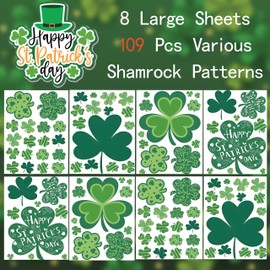 109 PCS St Patricks Day Window Clings, Shamrock Window Stickers for St Patricks Day Decorations,Reusable Static Spring Window Clings for St Patricks Day Decor, 8 Large Sheets
