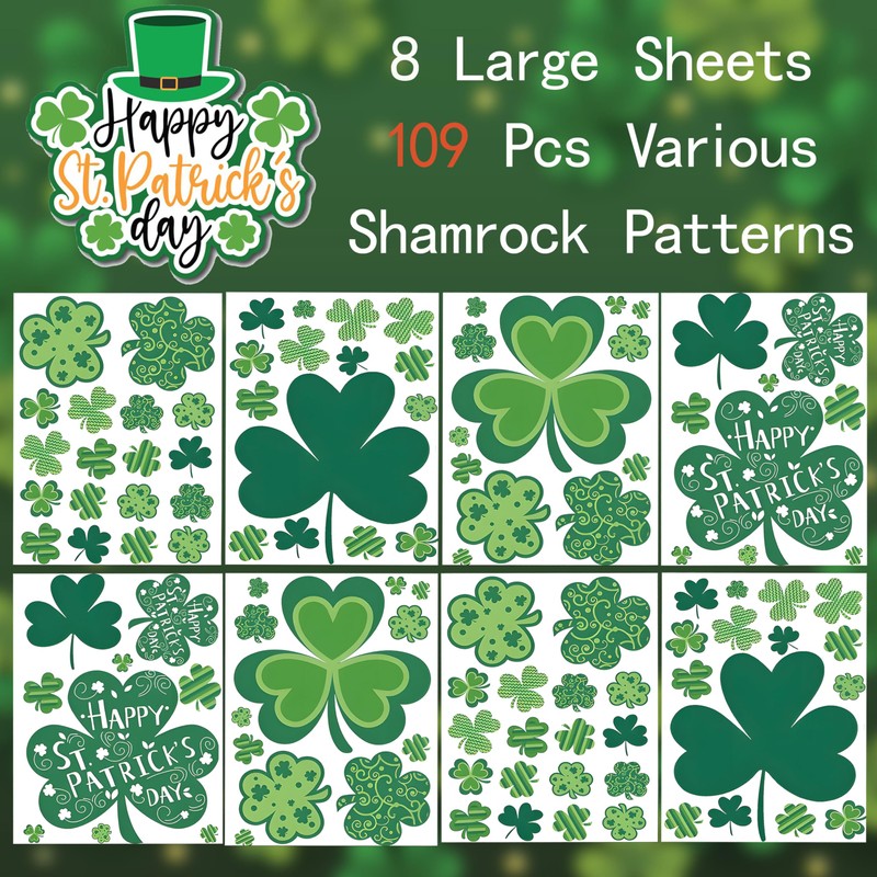 109 PCS St Patricks Day Window Clings, Shamrock Window Stickers
