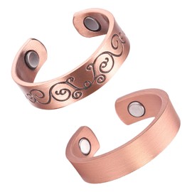 Fashtour 2PCS Magnetic Copper Rings for Women, Elegant Lymphatic Jewelry Gifts, Vintage Adjustable Vine Design (Copper)