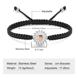 Sunflower Cremation Jewelry Urn Bracelet Ashes Keepsake for Women Girls Adjustable Cremation Jewelry Braided Rope Memorial Bracelet Locket (Silver-rose)