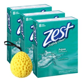 Bar Soap Bath , 0.25 Pounds, Invigorating Aqua Bar Scent, 8-Bar Pack Bundle With Bath Sponge, Barsoap Rich Lather & Moisturizing, Dermatologist-Tested, Soap Bars For Skin Types, [Pack Of 3]