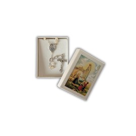 OVUNQUE PROTEGGIMI Madonna of Fatima Rosary White Pearl Rosary Holder with image of the Madonna of Fatima, Glass, Glass