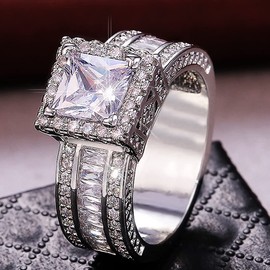 925 Sterling Silver Sparkling Diamond Square Ring, Fashionable Square Diamond, Moselle Diamond Engagement and Proposal Diamond Ring, Holiday Gift