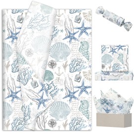 FYSUIMU 60 Sheets Pastel Ocean Tissue Paper Blue Under The Sea Shell Starfish Coral Wrapping Paper Decorative Art Tissue for Summer Birthday Baby Shower, 14 x 20 Inch