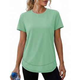 Fisoew Maglietta da donna, a maniche corte, per sport, fitness, con scollo tondo, leggera, per il fitness, top da palestra, top da allenamento, verde mela, L