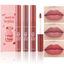 Tiejdhr 3Pcs Nude Matte Lipstick Set, Ice Cream Velvet Smooth Matte Lip Gloss, 24 Hour Natural Long Lasting & Nourishing Lip Glaze Non-stick Cup for Women Makeup (Set D)