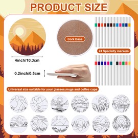 Potchen 12 Pcs Color Your Own Coaster Ceramic DIY Kits for Adults Absorbent Drink Coasters with Cork Base and 12 Markers for Adult Home Table DIY Art Crafts Gift