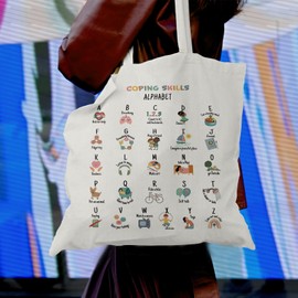 OTOUO Coping Skills Alphebat Canvas Tote Bag,Mental Health Reusable Shoulder Bag, Mental Health Gifts, Psychologist Gifts, Gifts for Women Kids, White, 004-ZL-TTB-01