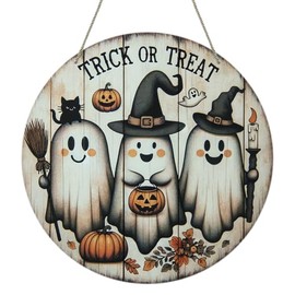 HEYINSHEN Letrero redondo para decoración de puerta de entrada en Halloween, cartel de bienvenida de calabaza y fantasma, con la leyenda Trick or Trea