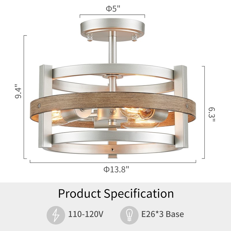 WUZUPS 3-Light Metal Drum Chandelier Imitation Wood Grain Shade Round