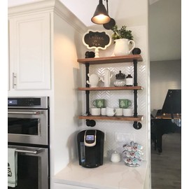DR.IRON Industrial Pipe Shelves Wall Shelving Rustic Wood Shelf Storage Shelves 3 Tiers Wall Mount Pipe Design DIY Shelf Retro Wall Shelving (Black, 24" L)