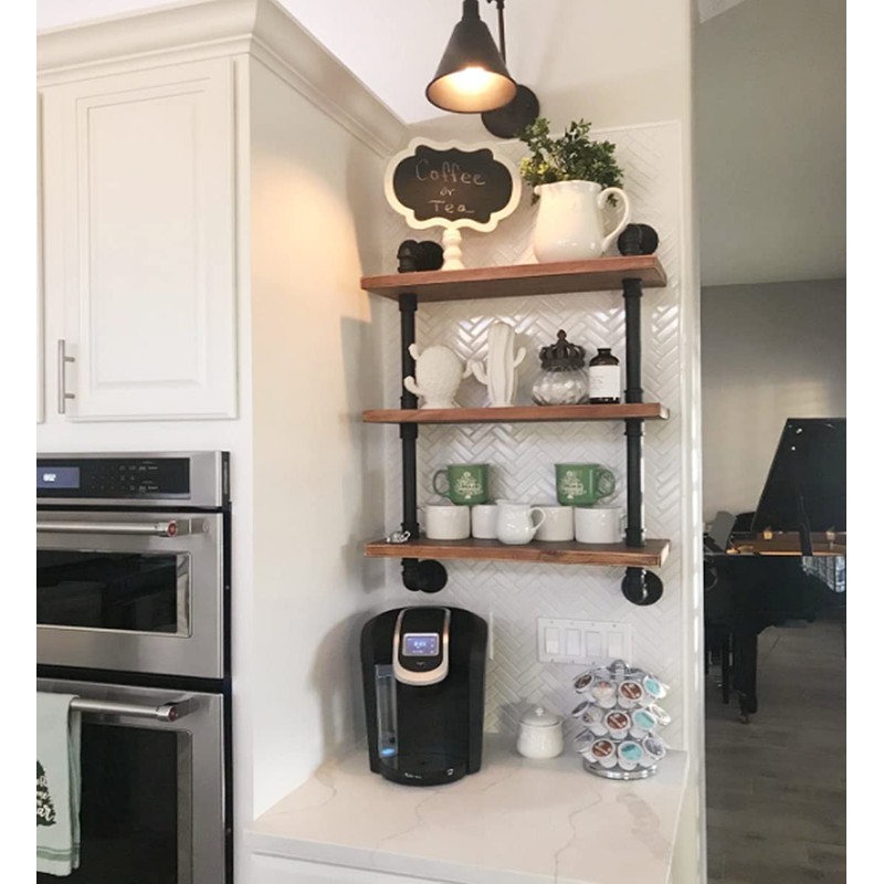 DR.IRON Industrial Pipe Shelves Wall Shelving Rustic Wood Shelf Storage