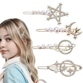 Glitter Pearl Star Hair Clips for Women Rhinestone Moon Hair Pin for Girls 4Pcs Cute Crystal Planet Hairpins Cubic Zirconia Moon and Stars Hair Piece Sparkly Galaxy Hair Accessories for Teens Adults