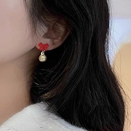 Cute Small jingle Bell dangle Stud Earrings for Women Girls 925 Sterling Silver Post Red Bow Charms Drop Earrings Hypoallergenic Fashion Christmas Holiday Festival Ornament Jewelry Gifts (One size, Bowknot)