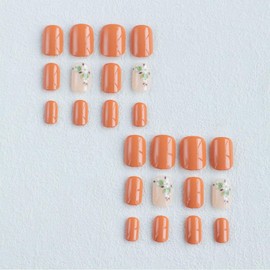 LBPEPAMZ Flower Press on Nails Short Square Fake Nails with White Flora Designs Orange Solid Color Full Cover Stick on Nails Spring Autumn Blooming Glossy Acrylic Nails False Nails for Women 24Pcs