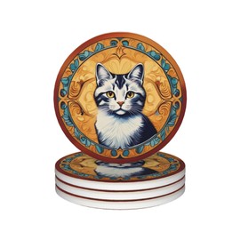 Coasters with Holder Set of 4 Absorbent Ceramic Coasters with Cork Base for Table Drink Coaster Round Coasters Bar Coasters,4 Inch cat and Boho