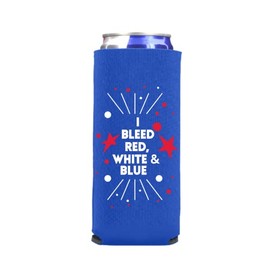 Funny Patriotic Slim Can Coolers, I Bleed Red, White & Blue Spiked Seltzer Coolies, 4th of July, Memorial Day, Summer Skinny Coolies (Blue)