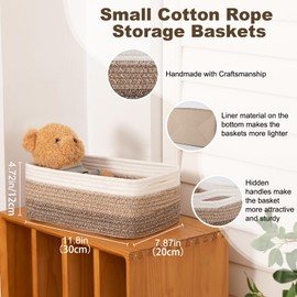 OIASKET 3 Pack Small Storage Baskets for Organizing, Cute Woven Decorative Gift Baskets for Shelves, Mini Closet Organizer Bins with Handles, 11.81''Lx7.87''Wx4.72''H-Brown White