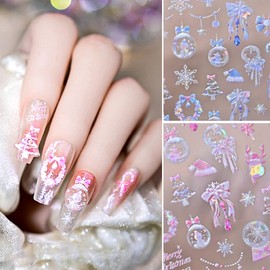Aurora Christmas Nail Art Stickers Decals Glitter Blue Pink Nail Stickers Christmas Tree Snowman Reindeer Bow Xmas 3D Self-Adhesive Nail Decals Snowflake Winter Nail Supplies Decorations 2 Sheets