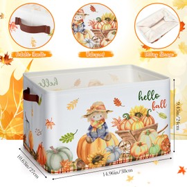 Seeloowy Hello Fall Pumpkin Gift Basket Large Maple Leaf Scarecrow Cart Autumn Basket Thanksgiving Farm Harvest Storage Box for Home Nursery Laundry Bookshelf Wardrobe (Scarecrow)