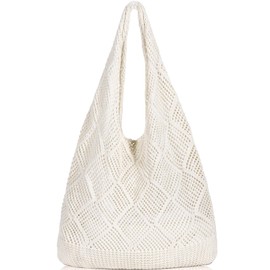 WantGor Crochet Bags, Beach Mesh Tote Bag Womens Shoulder Shopping Handbag Casual Travel Totes Bag Foldable Hobo Bags (Beige Apricot)